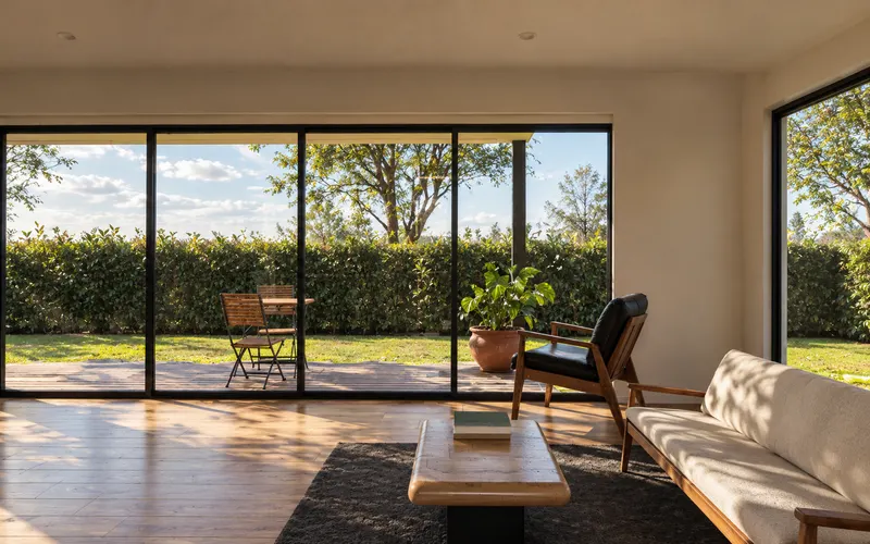 Patio norte · living · Imagen ilustrativa generada con IA a partir del render