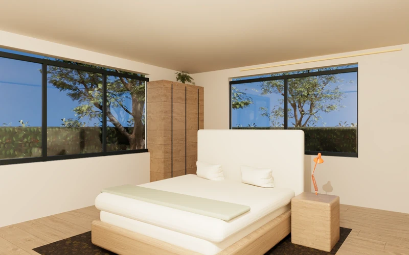 Casa en L: dormitorio, variante de 2 dormitorios