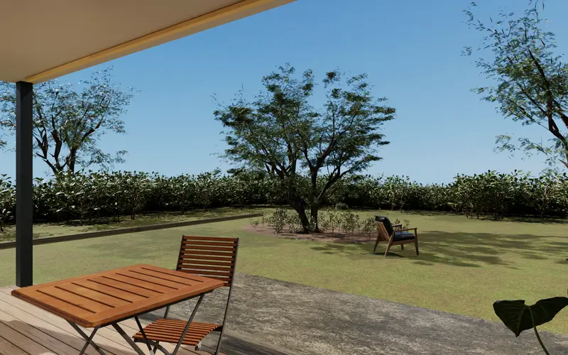 Casa en L: galería mirando al jardín, variante de 2 dormitorios