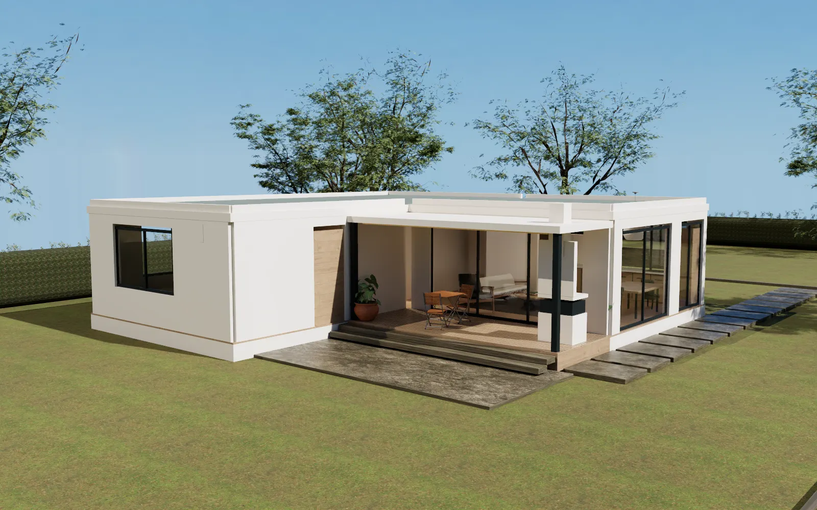 Casa en L · render 3D conceptual del jardín y la galería