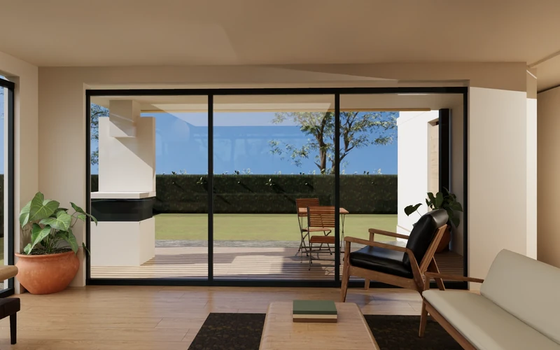 Casa en L: estar mirando al jardín, variante de 2 dormitorios