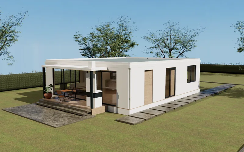 Compacta 120: perspectiva desde el jardín, variante de 2 dormitorios