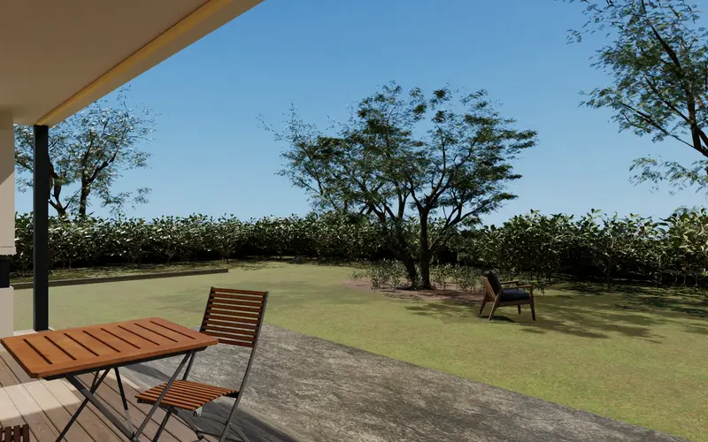 Patio norte: galería mirando al jardín, variante de 2 dormitorios