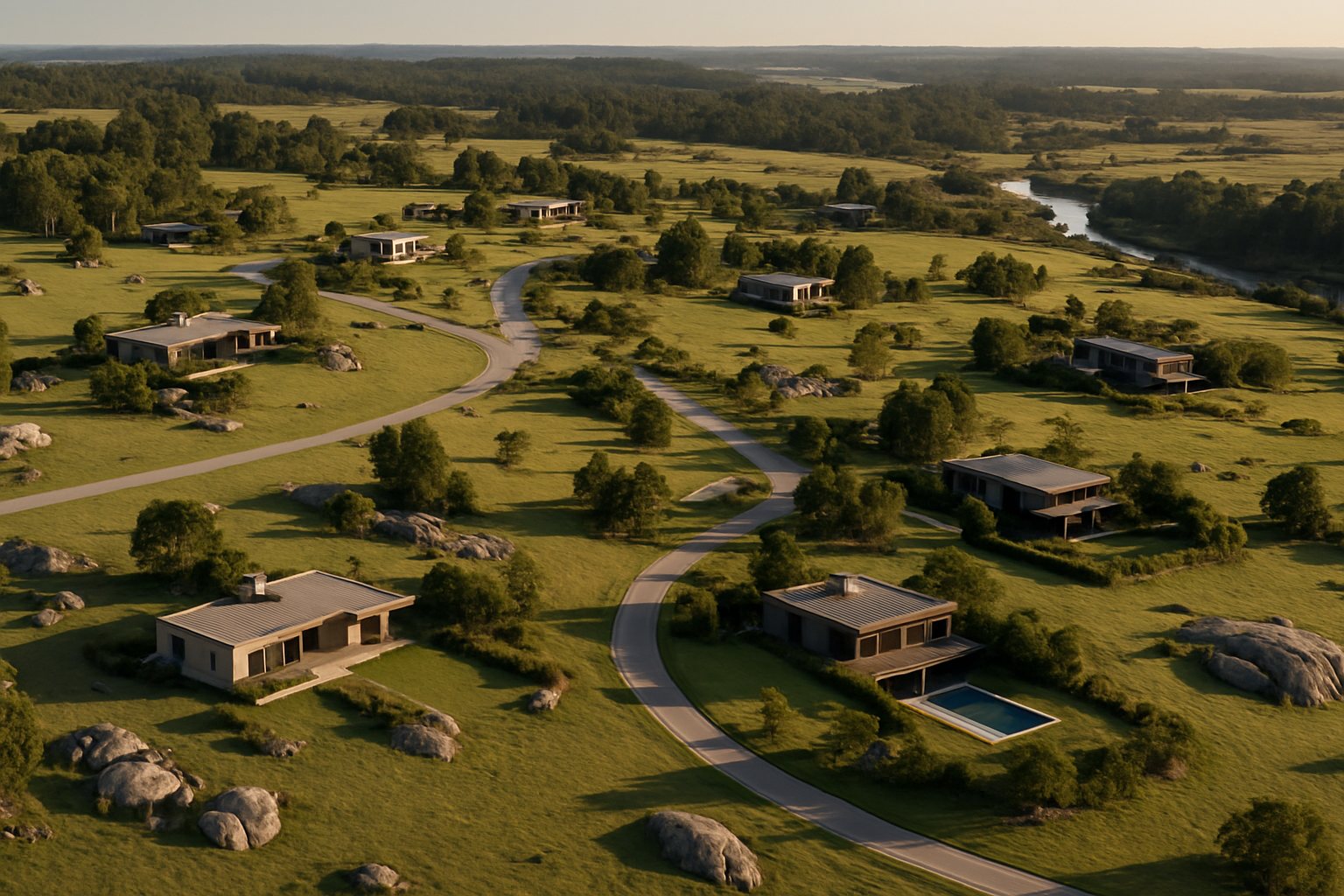 Vista aérea ilustrativa de lotes amplios y casas bajas entre árboles y rocas cerca de Punta del Este.