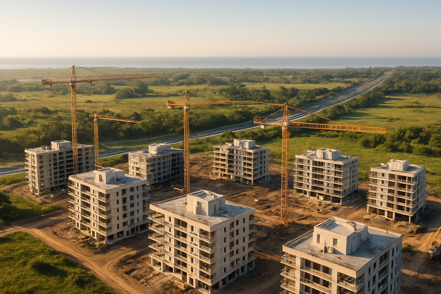 Vista aérea ilustrativa de edificios en construcción junto a una autopista y espacios verdes en Hudson.