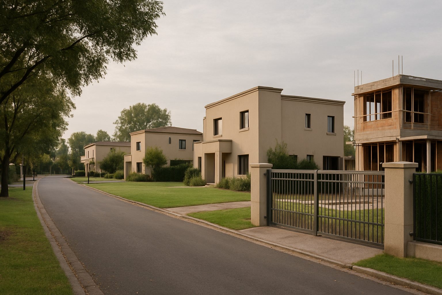 Casas terminadas, un lote vacío y una vivienda en construcción junto a una calle de un barrio cerrado