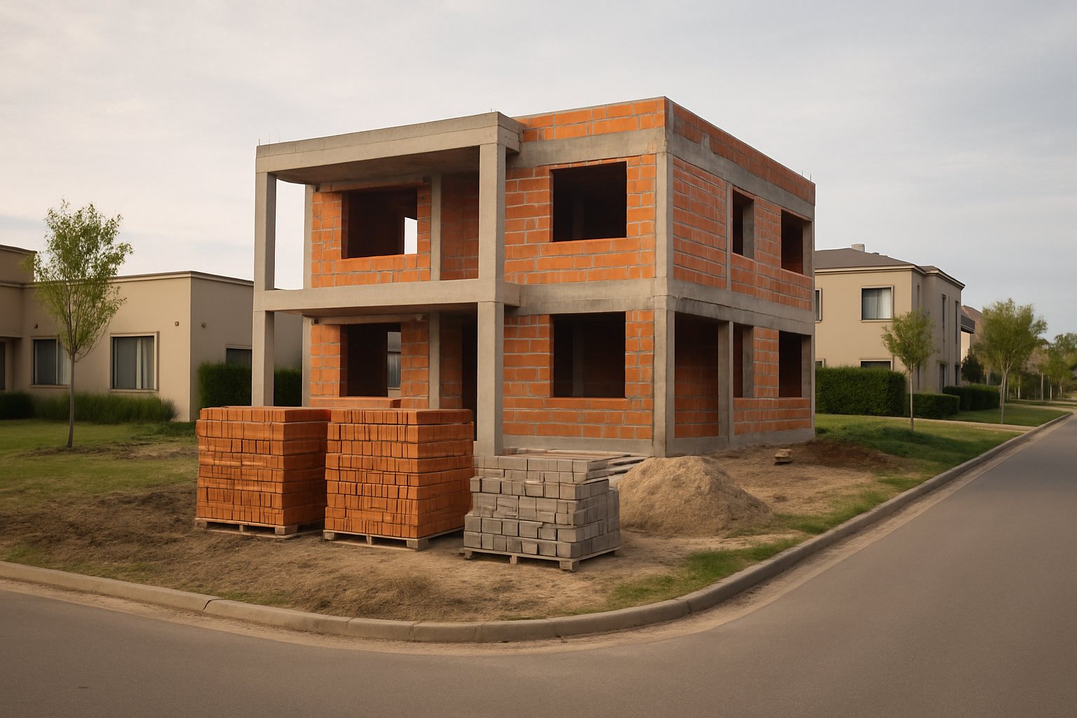 Casa en construcción con paredes de ladrillo y materiales organizados en un barrio cerrado del Gran Buenos Aires.