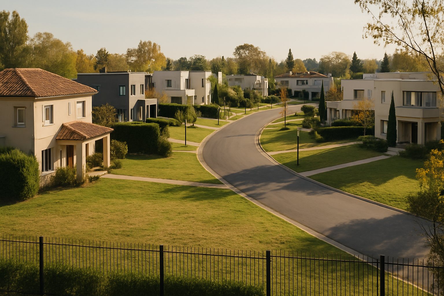 Vista de un barrio cerrado del Gran Buenos Aires con viviendas, lotes vacíos y una calle interna.