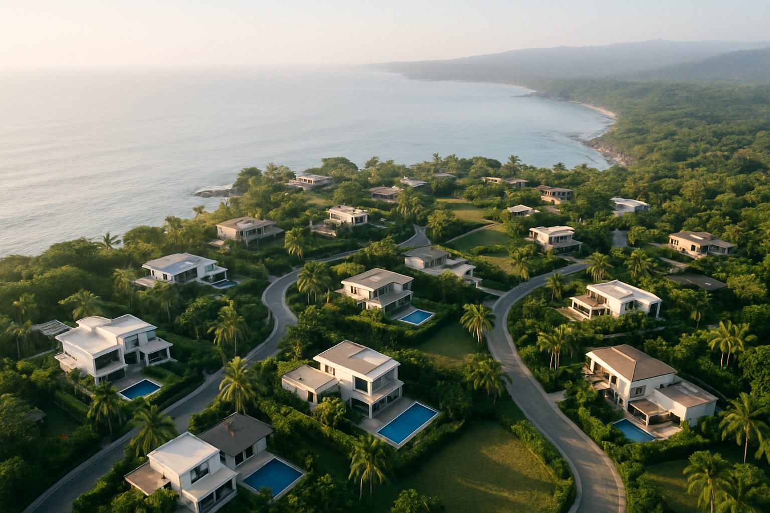 Vista aérea ilustrativa de una urbanización costera con villas, piscinas y vegetación tropical en México.