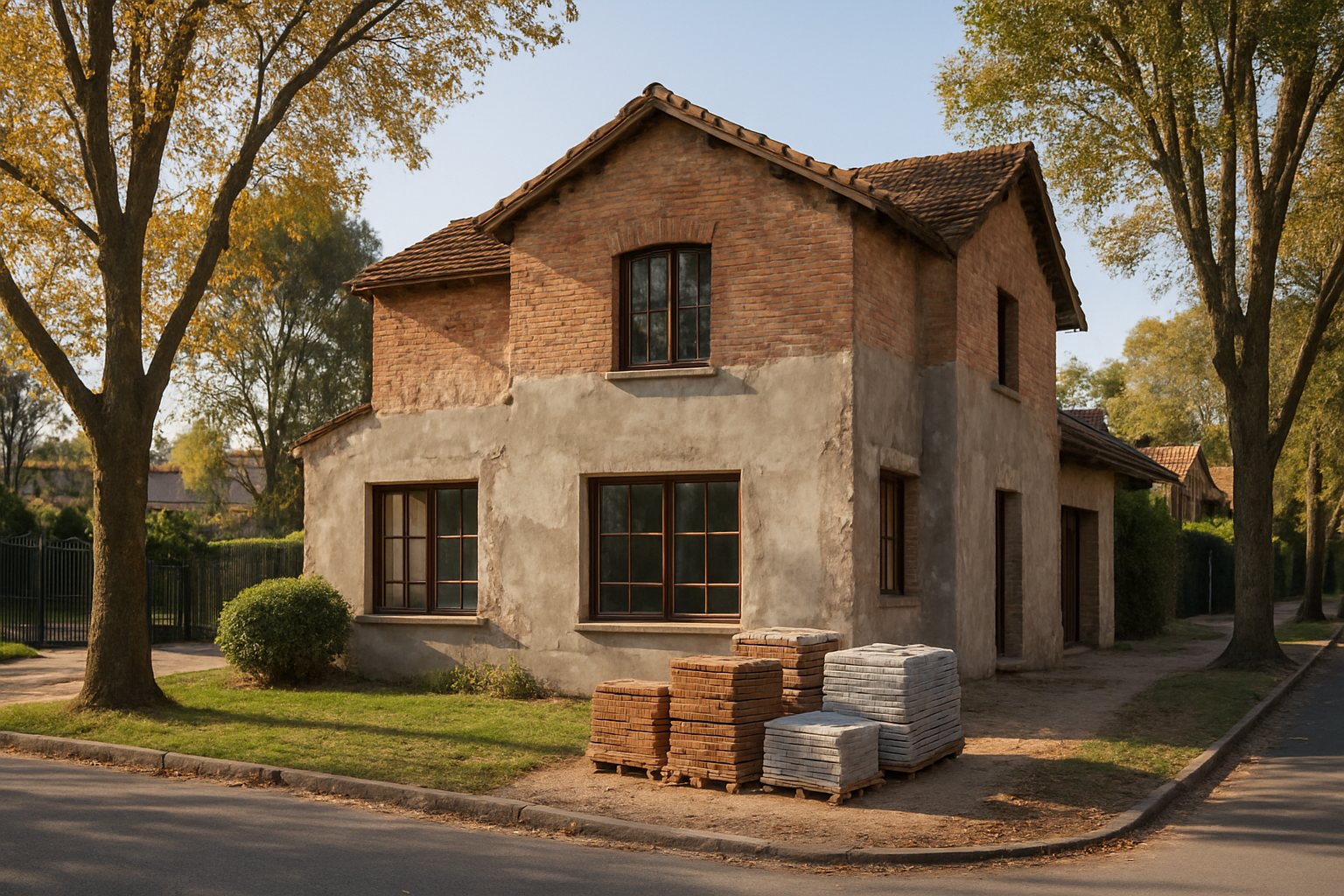 Casa en remodelación con materiales de obra y jardín arbolado en un entorno residencial.