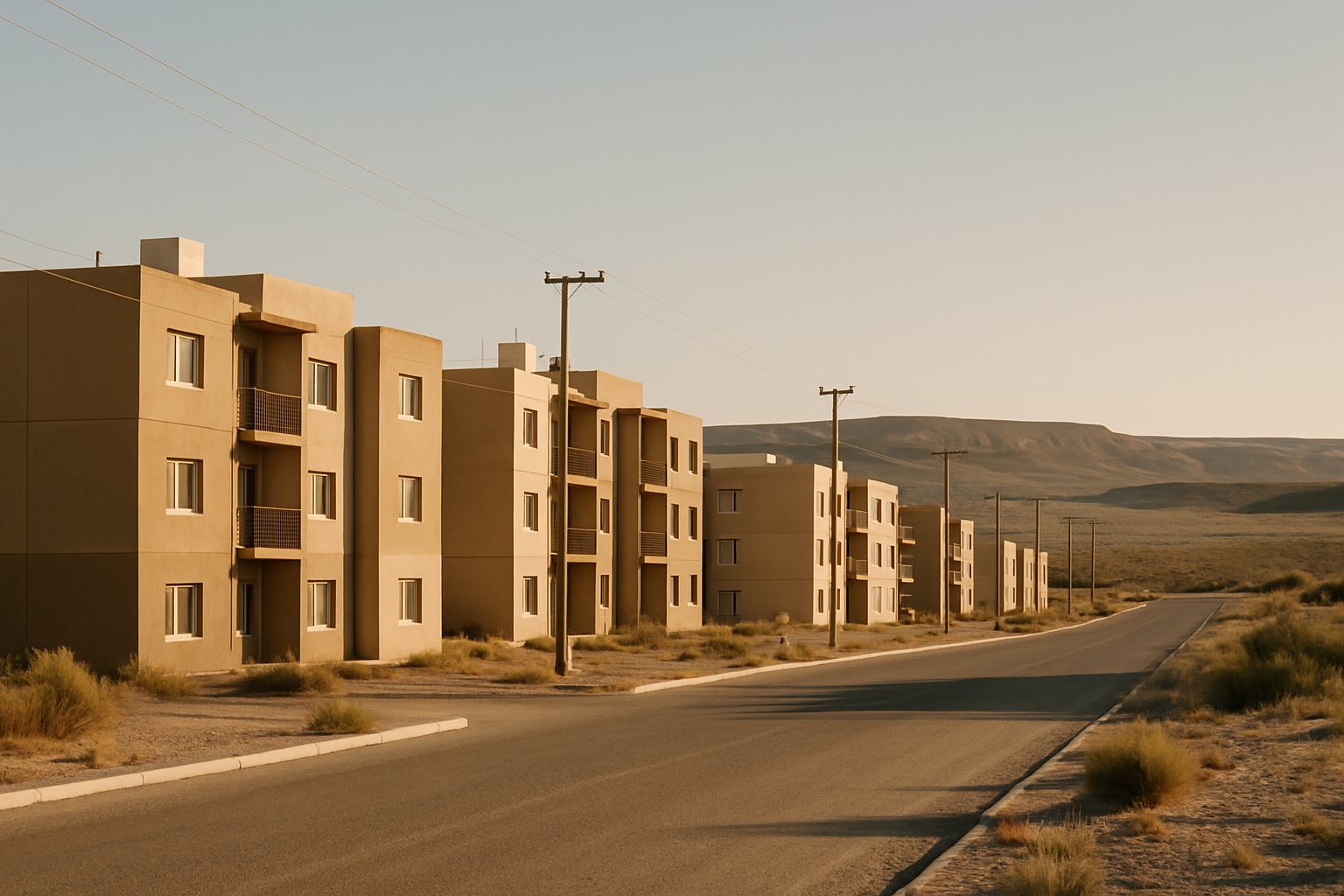 Vista ilustrativa de viviendas de baja altura junto a una calle en el paisaje árido de Añelo, Neuquén.