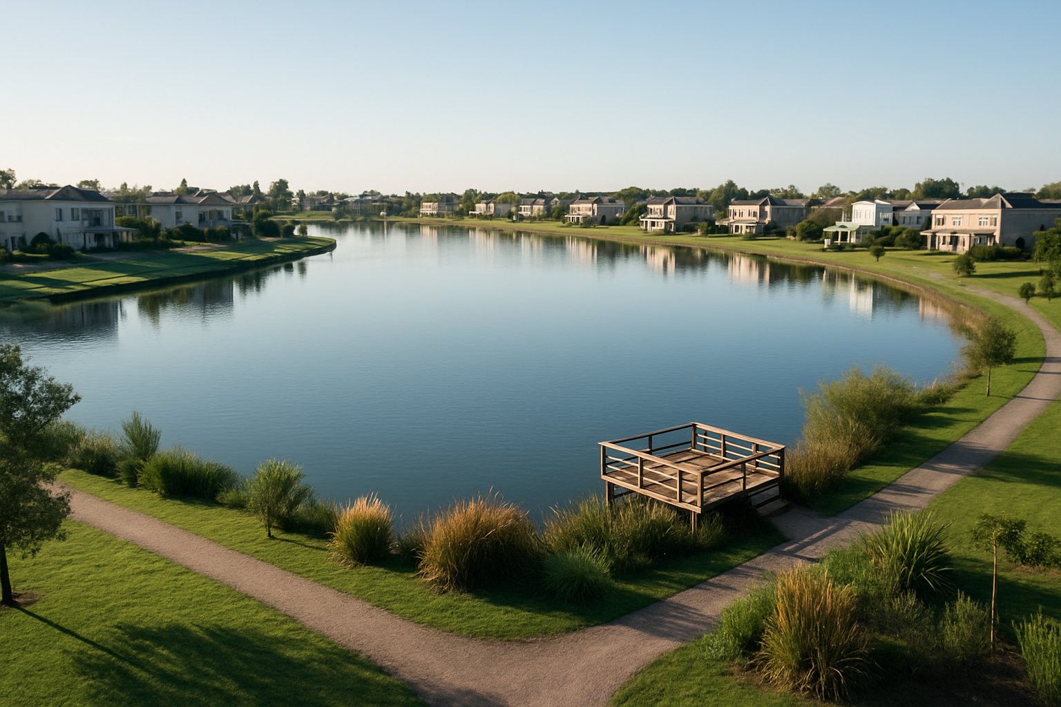 Vista ilustrativa de un lago con lotes residenciales, senderos y vegetación en un entorno de barrio cerrado.