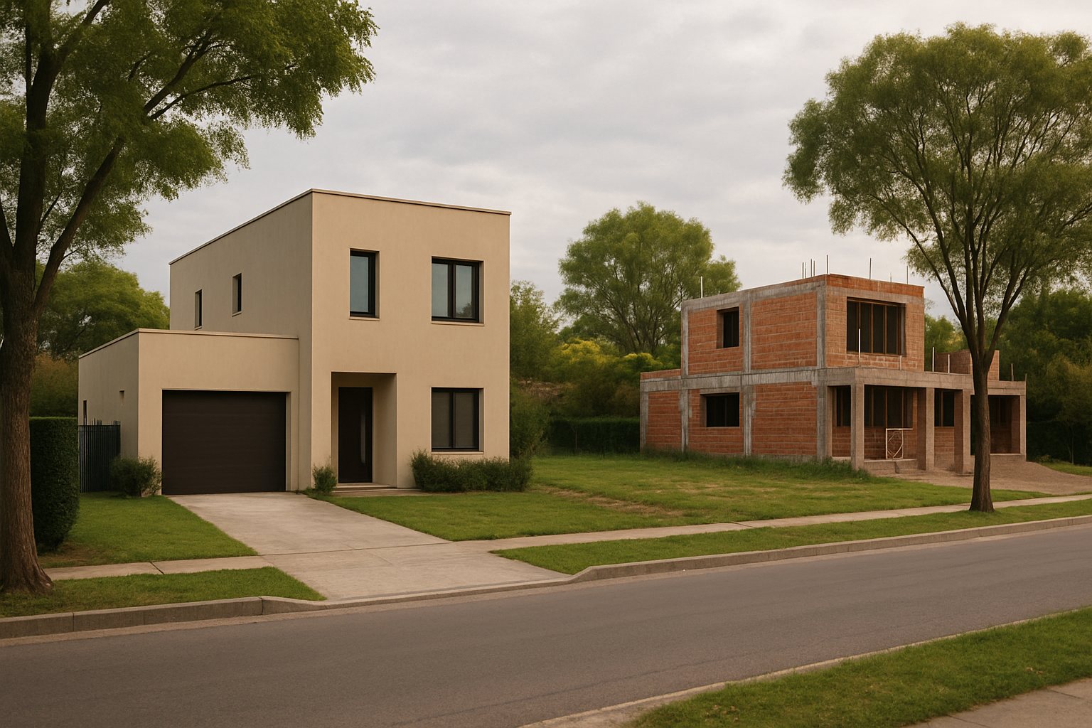 Casa terminada, lote vacío y vivienda en construcción junto a una calle de un barrio cerrado.