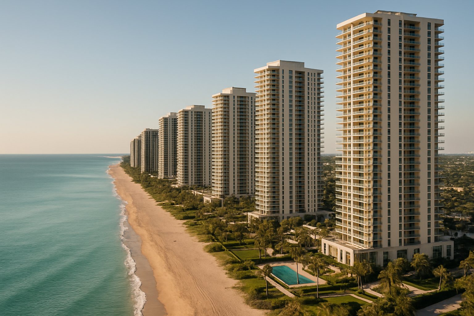 Torres residenciales frente al mar en Sunny Isles Beach, Florida, con playa y jardines costeros.