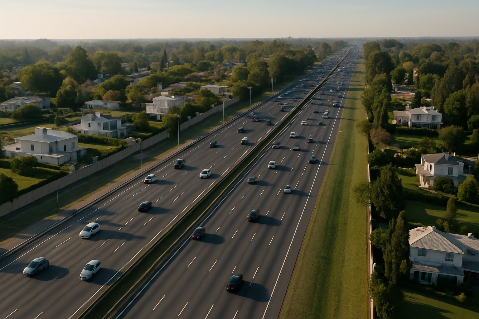Vista aérea de una autopista con tránsito y barrios residenciales en la zona norte del Gran Buenos Aires.