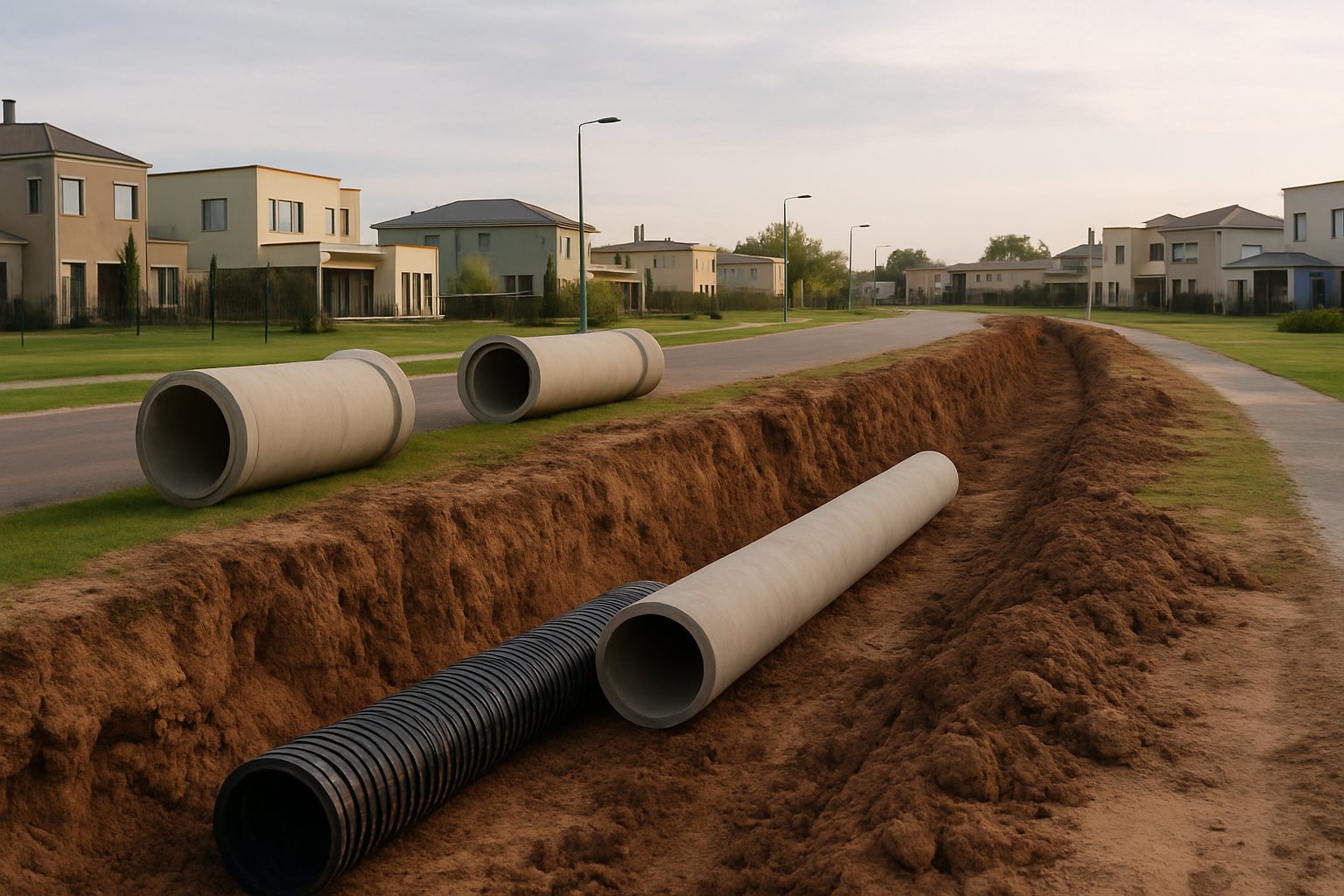 Obras de redes de agua y cloacas junto a lotes y viviendas en un barrio cerrado.