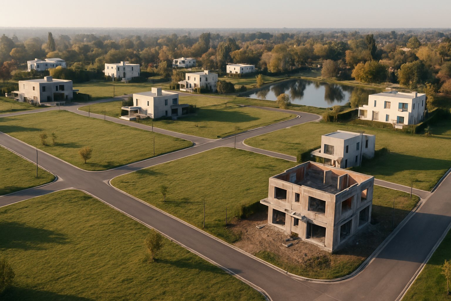 Vista aérea de lotes vacíos, calles internas y viviendas junto a una laguna en un barrio cerrado