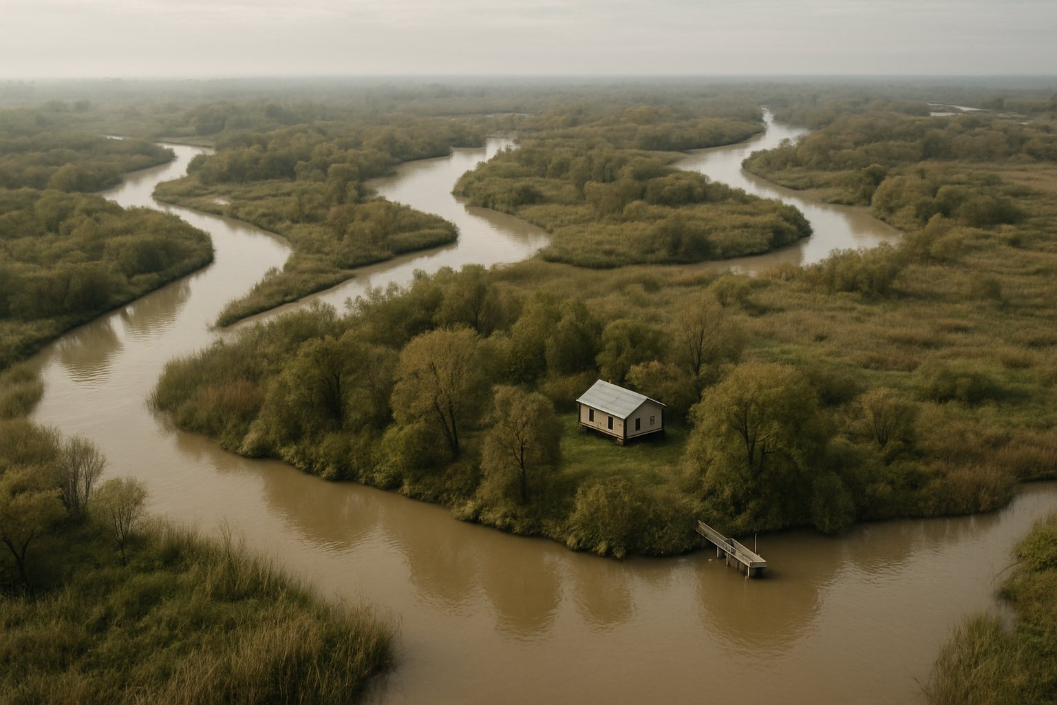 Vista aérea de canales, islas arboladas y una vivienda aislada junto a un muelle en el delta bonaerense