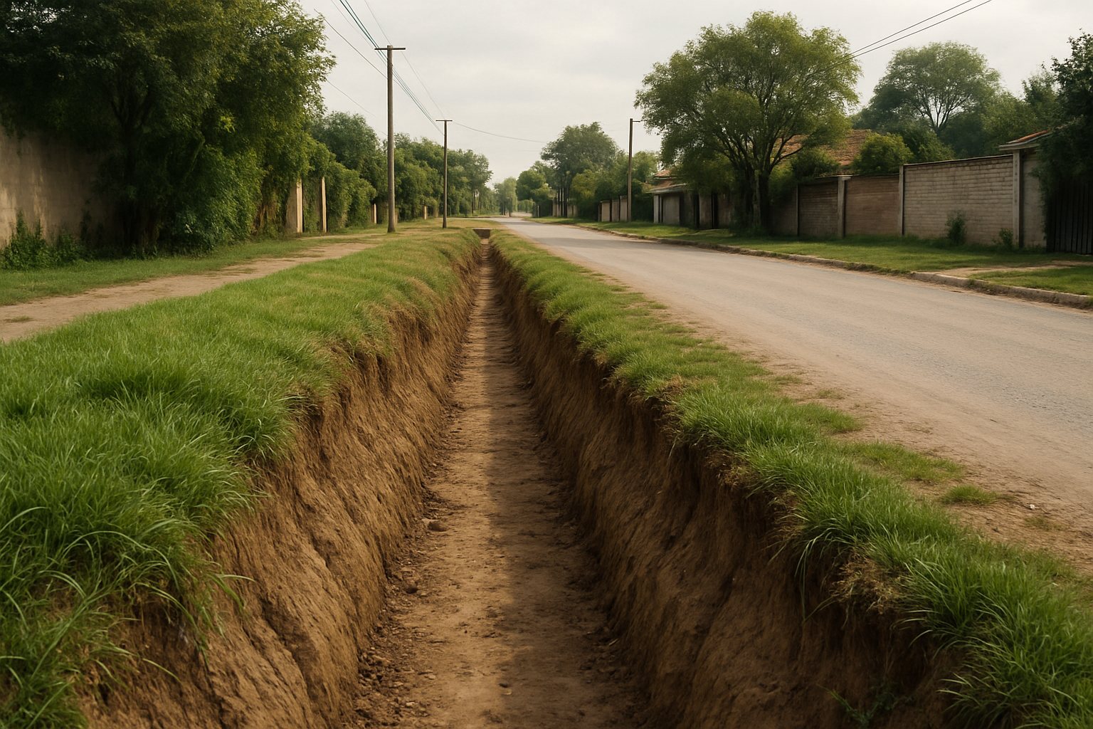 Imagen ilustrativa de una zanja de drenaje pluvial junto a una calle de un entorno residencial.