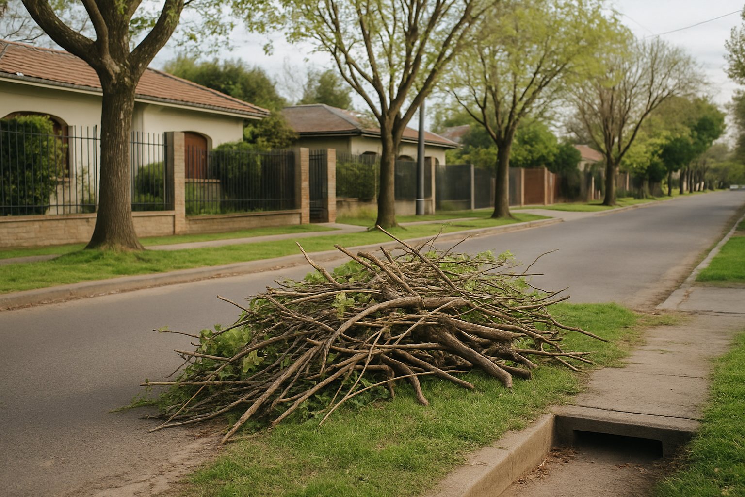 Ramas de poda sobre una franja de césped junto a una calle residencial, con la calzada despejada.