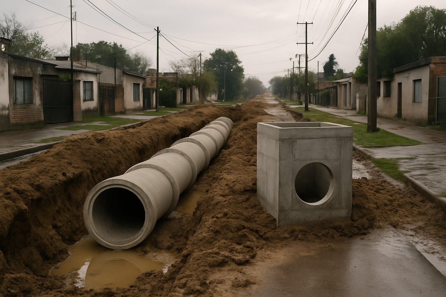Imagen ilustrativa de una zanja y caños de desagüe junto a una calle suburbana después de la lluvia.