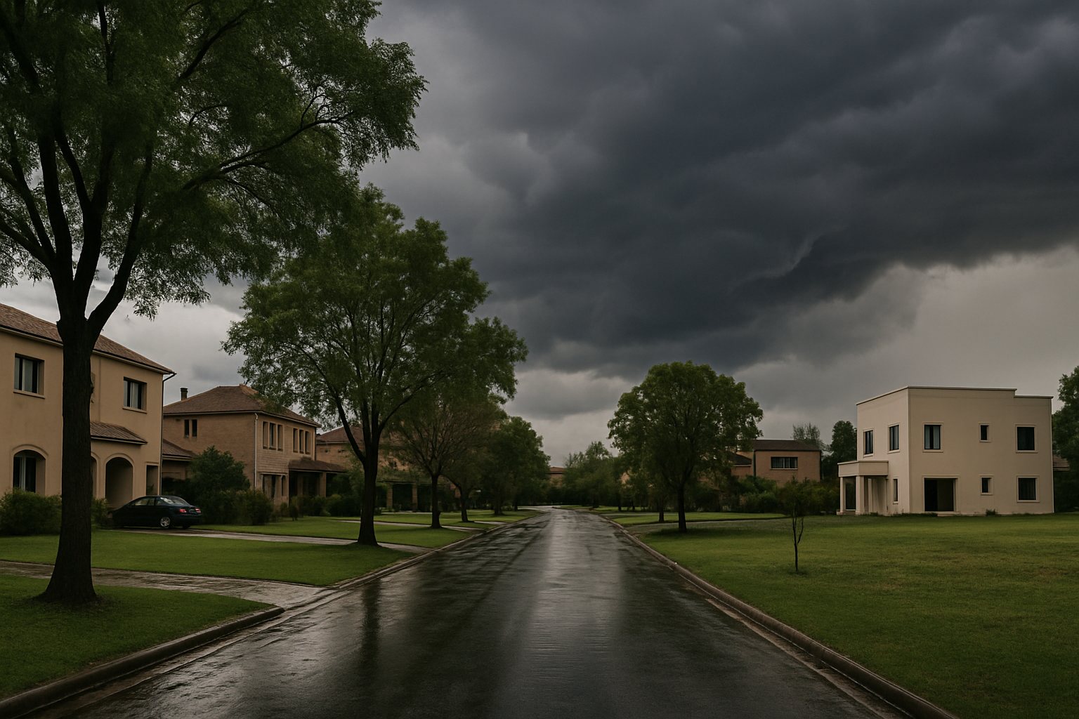 Calle de un barrio cerrado del Gran Buenos Aires con pavimento mojado y nubes de tormenta.