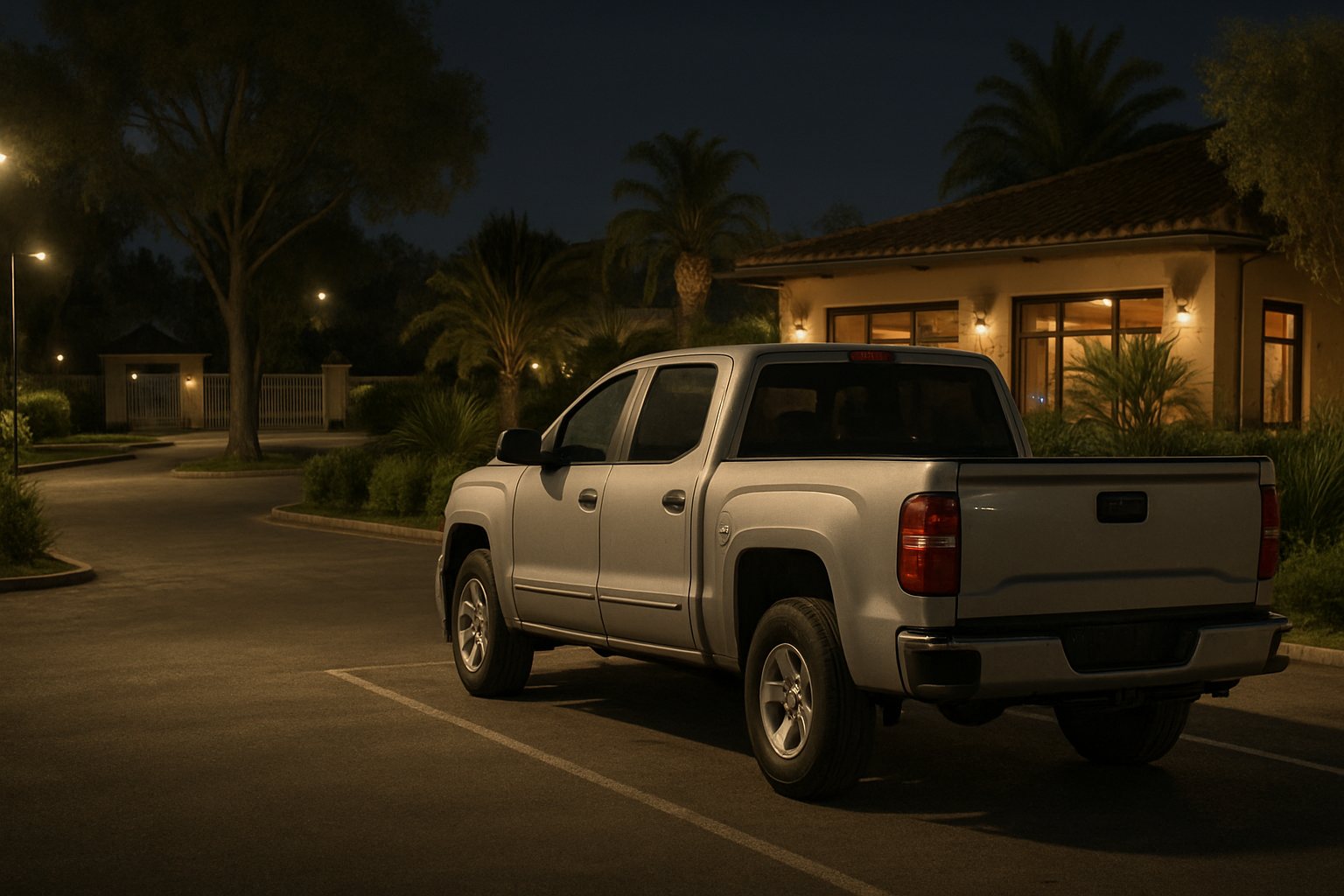 Imagen ilustrativa de una camioneta estacionada de noche, con la rueda de auxilio debajo del chasis.