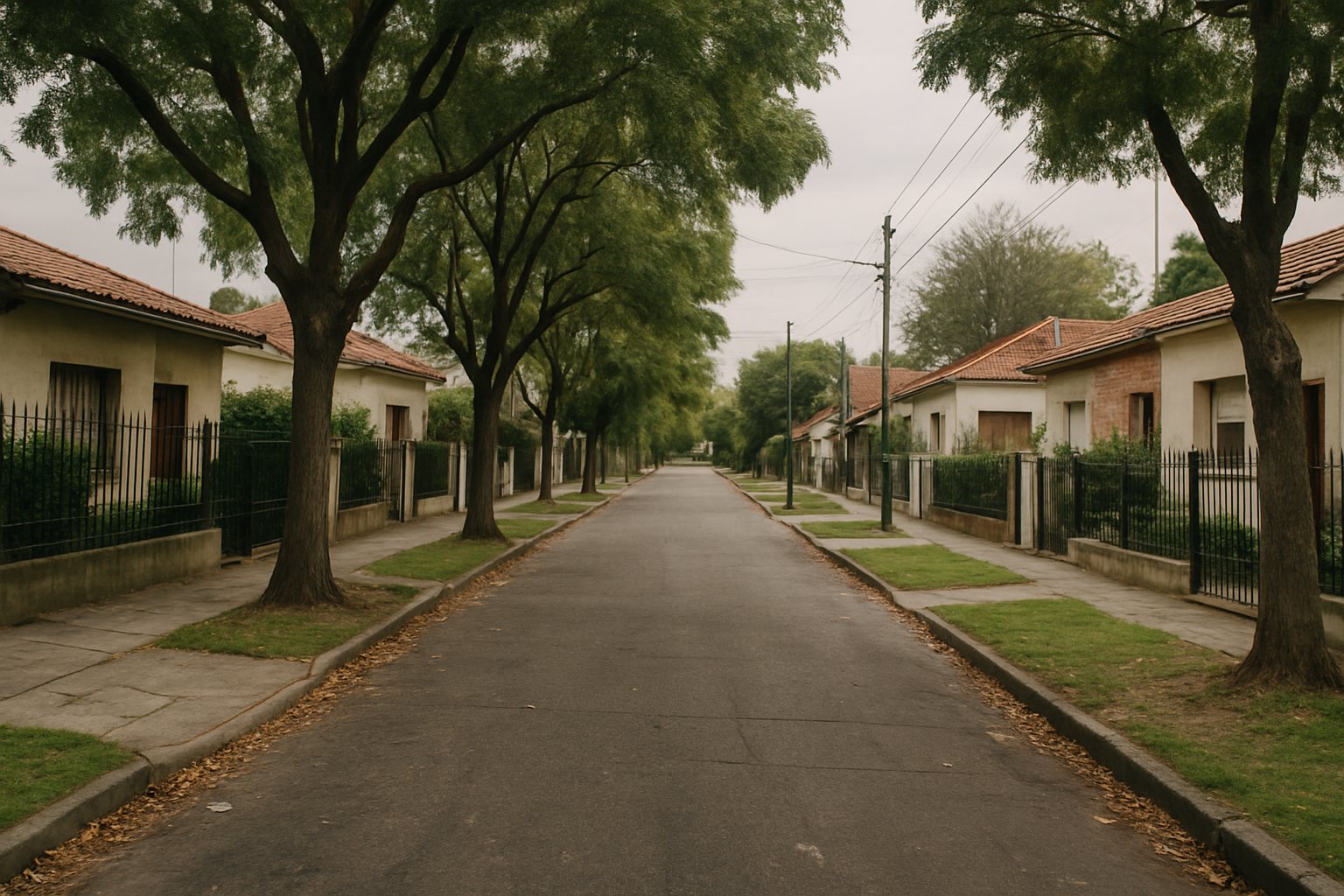 Imagen ilustrativa de una calle residencial arbolada con viviendas y rejas en City Bell.