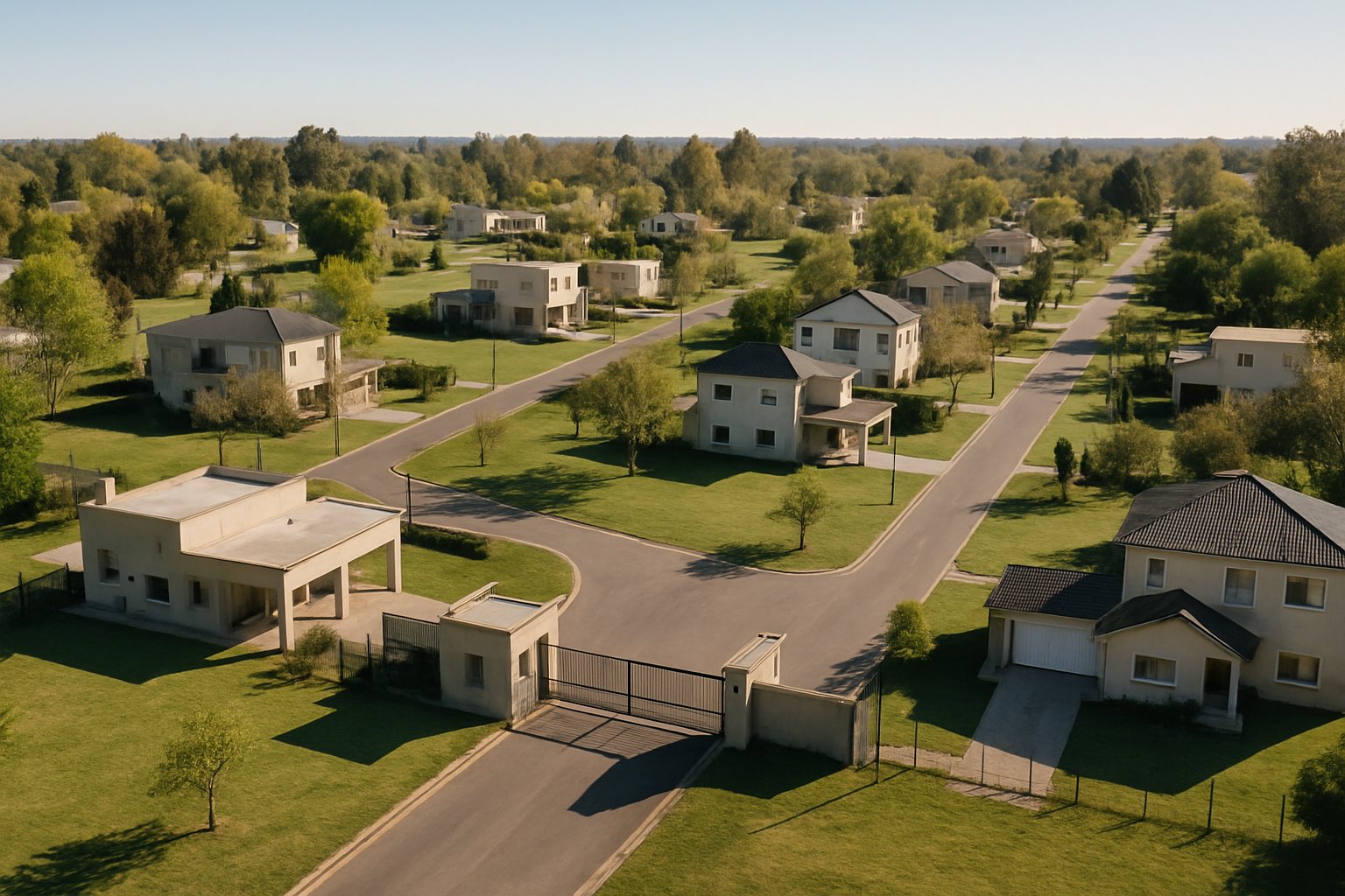 Vista aérea de viviendas, lotes con césped y calles internas en un barrio cerrado del entorno de La Plata.