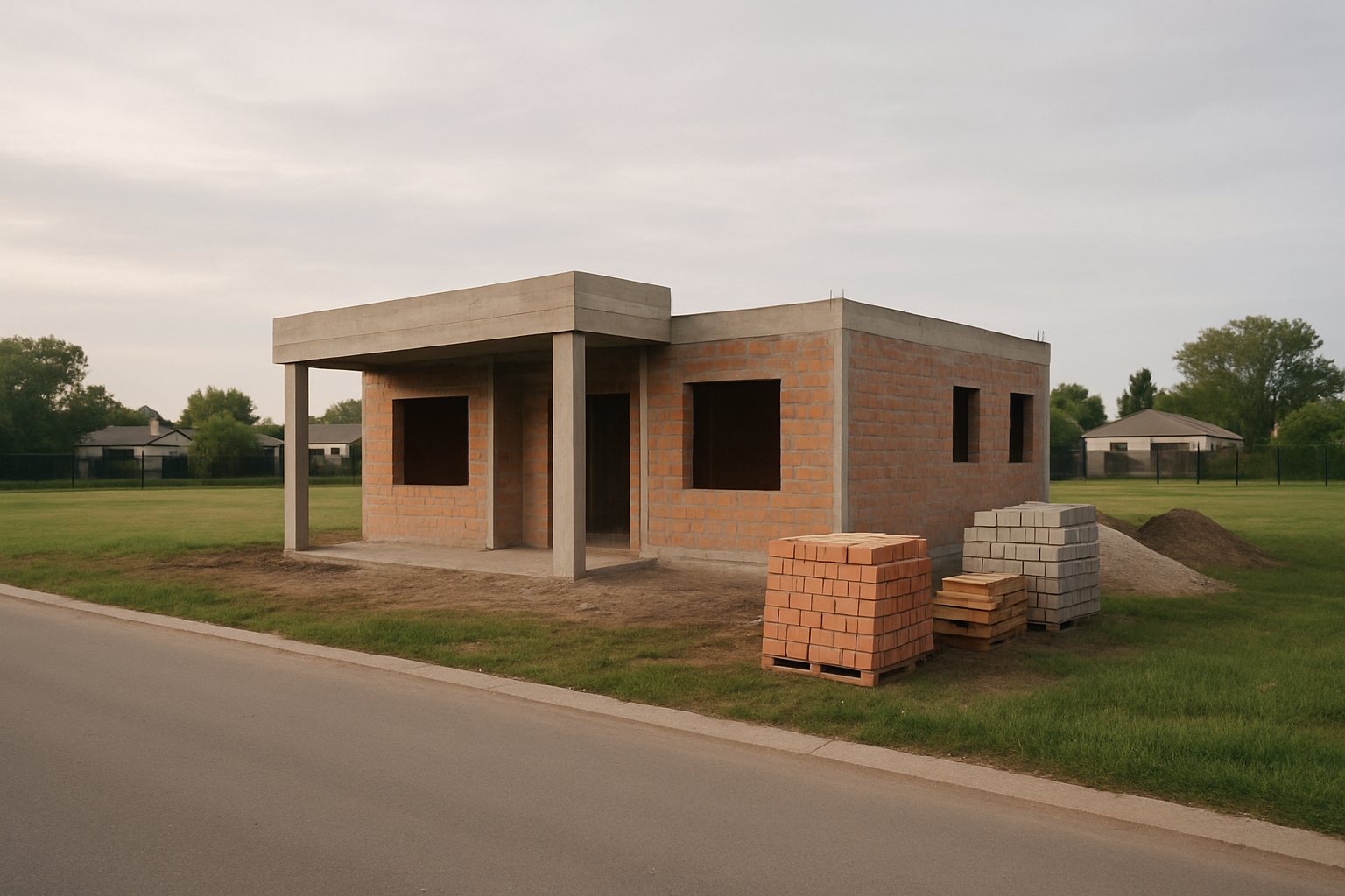 Casa de una planta en construcción, con paredes de ladrillo y materiales sobre un lote de un barrio cerrado.