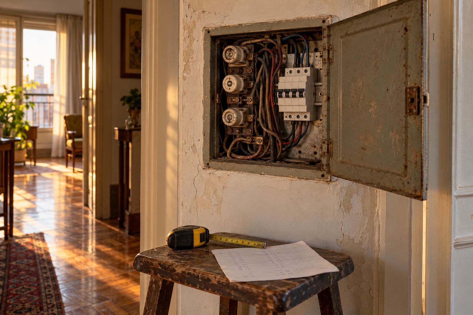 Un tablero eléctrico viejo abierto en el pasillo de un departamento de Buenos Aires