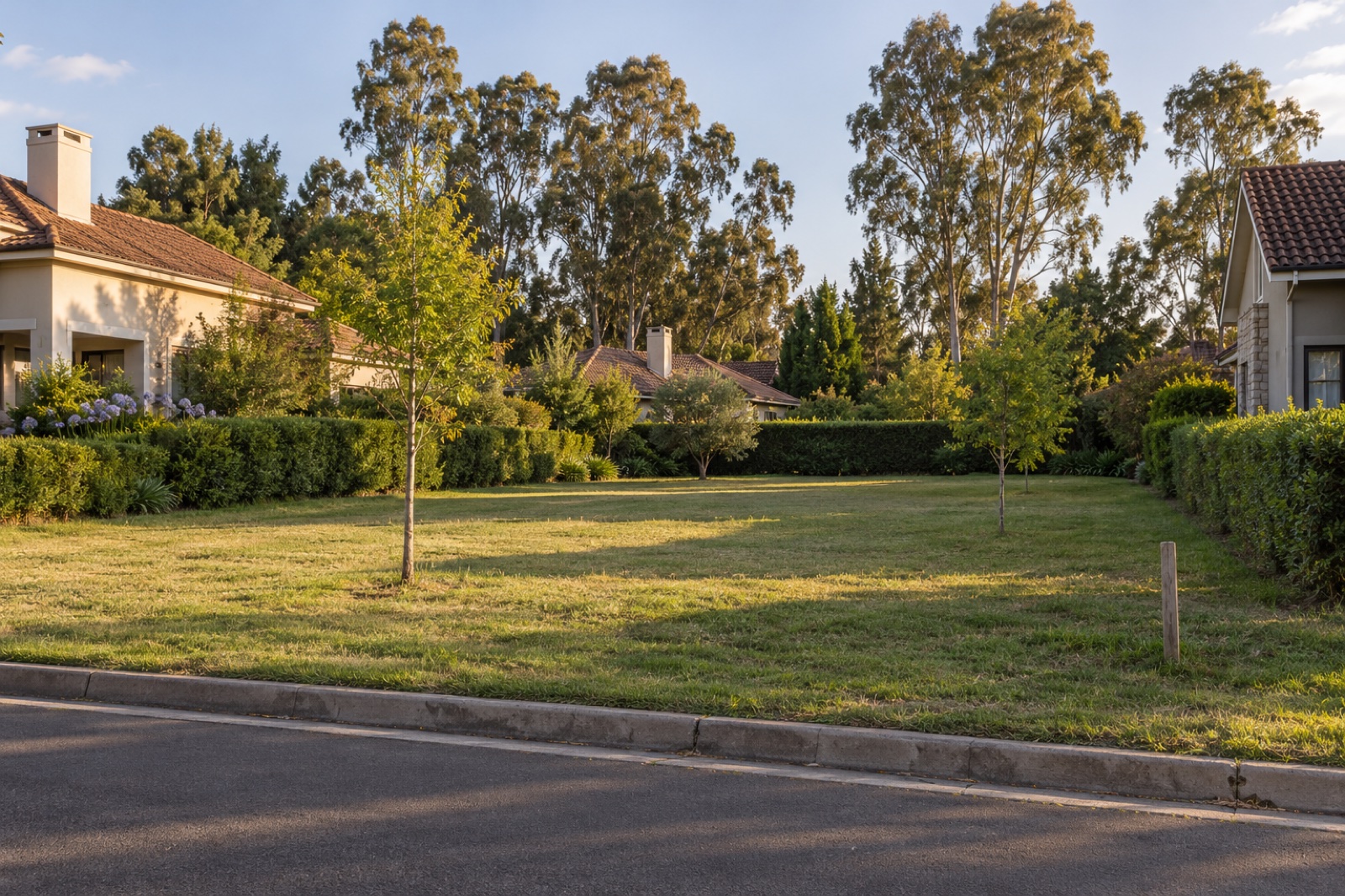 Un lote vacío con pasto cortado entre casas de un country de Pilar, al atardecer