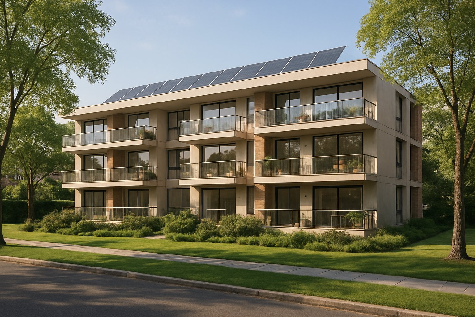 Imagen ilustrativa de un complejo residencial de baja altura con jardines y paneles solares en Zona Norte