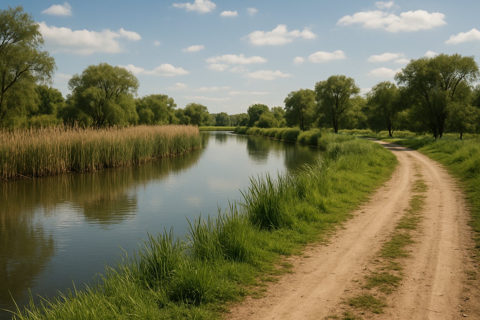 Paisaje de humedales con un canal, vegetación ribereña y un camino de tierra en el norte del Gran Buenos Aires.