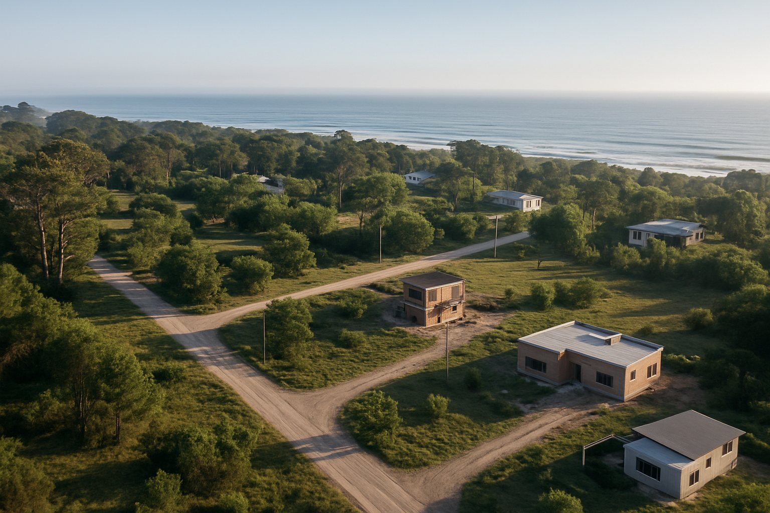 Vista aérea ilustrativa de lotes arbolados y viviendas en construcción cerca del mar en Chapadmalal.