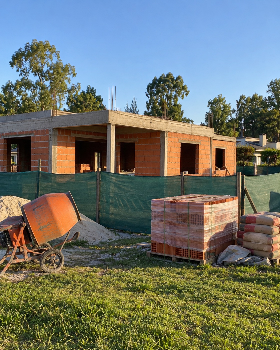 Una casa de una planta en obra gris en un barrio cerrado, con paredes de ladrillo sin revocar, una mezcladora y pallets de ladrillos sobre el pasto