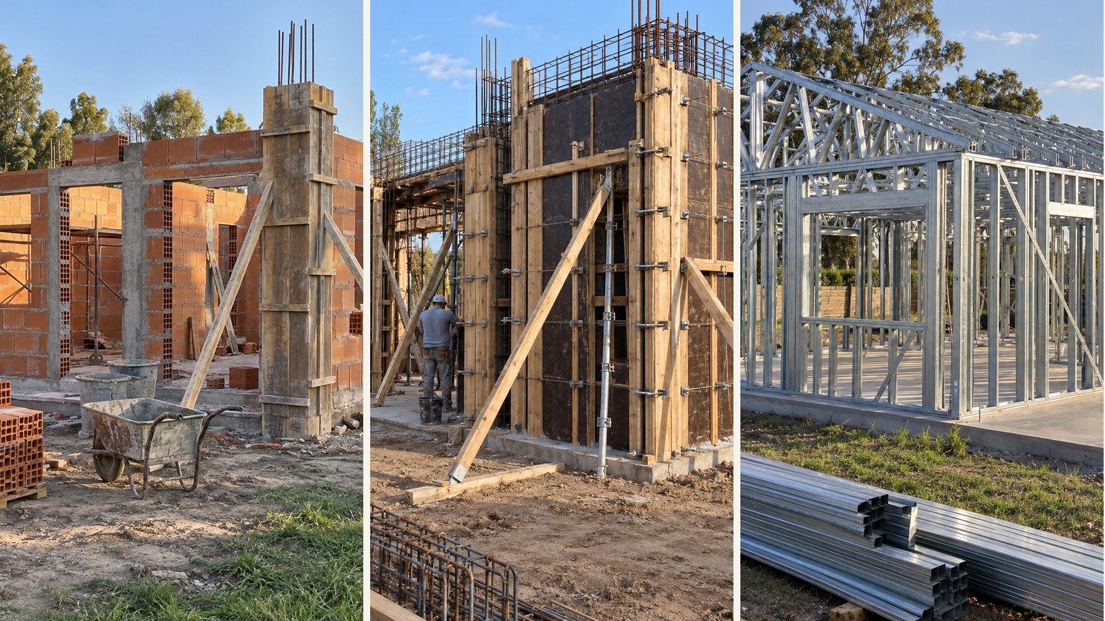Tres obras de casas lado a lado: muros de ladrillo hueco entre columnas de hormigón, un encofrado de tabiques de hormigón con puntales y un esqueleto de perfiles de acero galvanizado