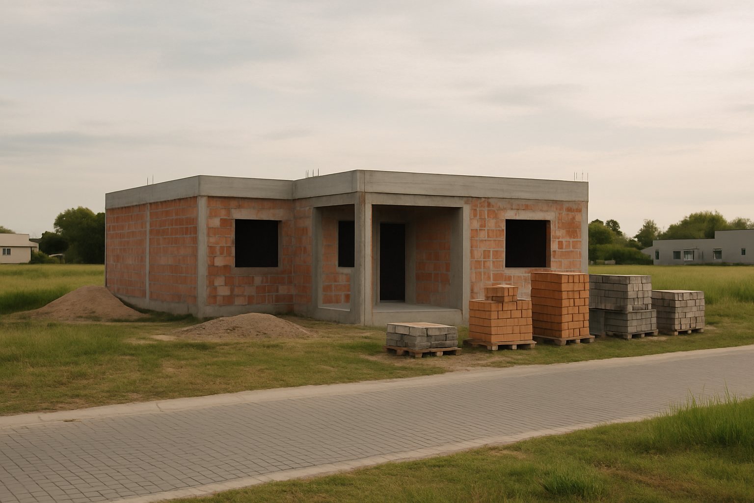 Casa de una planta en construcción sobre un lote de un barrio cerrado, con paredes sin terminar y materiales.