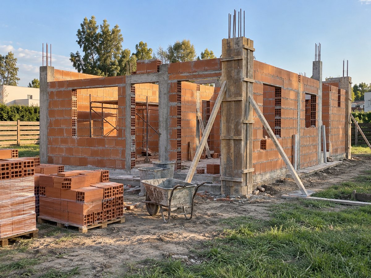 Muros de ladrillo hueco naranja a medio levantar entre columnas de hormigón, una todavía encofrada en madera con puntales