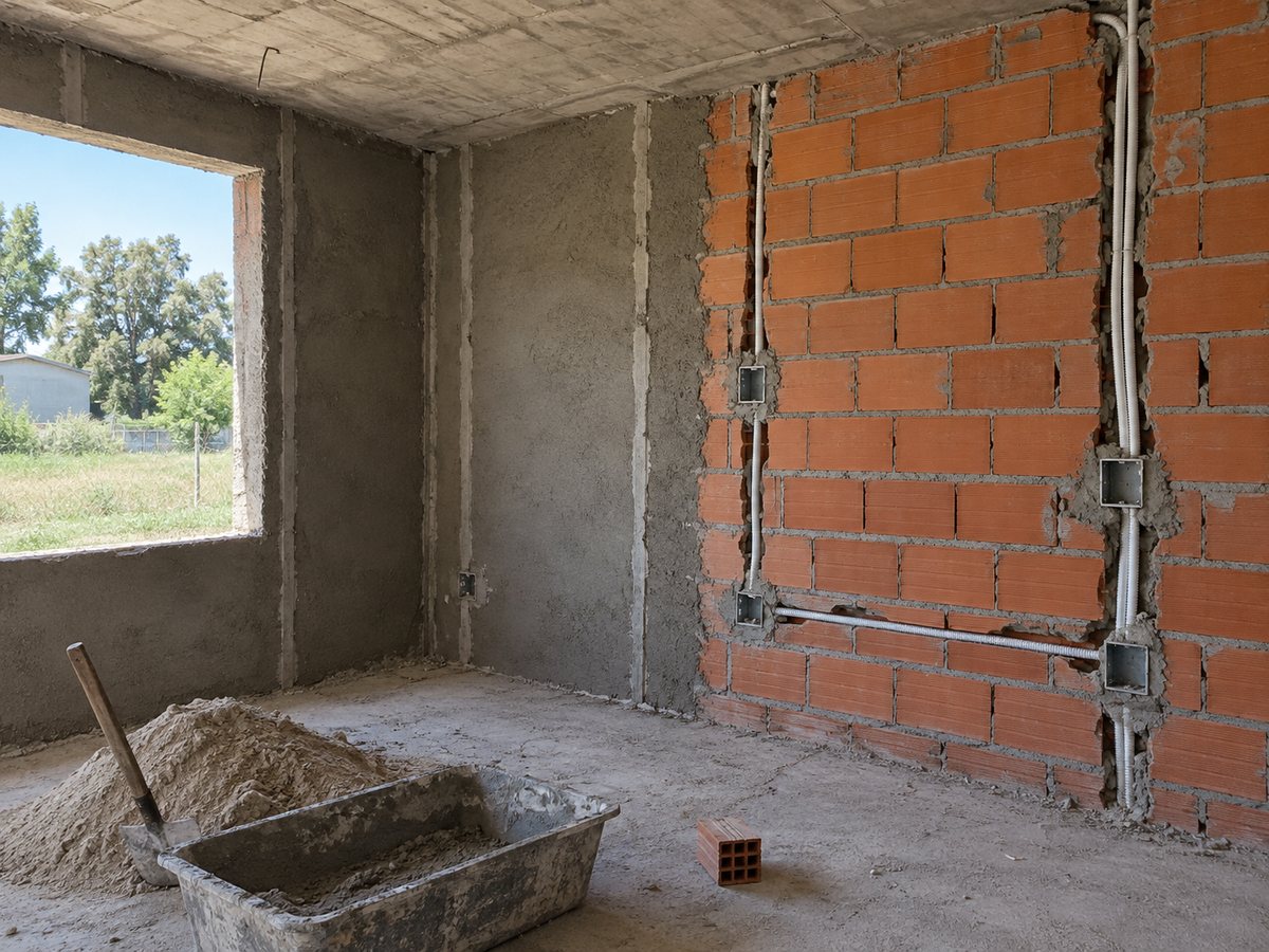 Pared de ladrillo hueco con canaletas, caño corrugado blanco y cajas eléctricas, al lado de una pared con revoque grueso