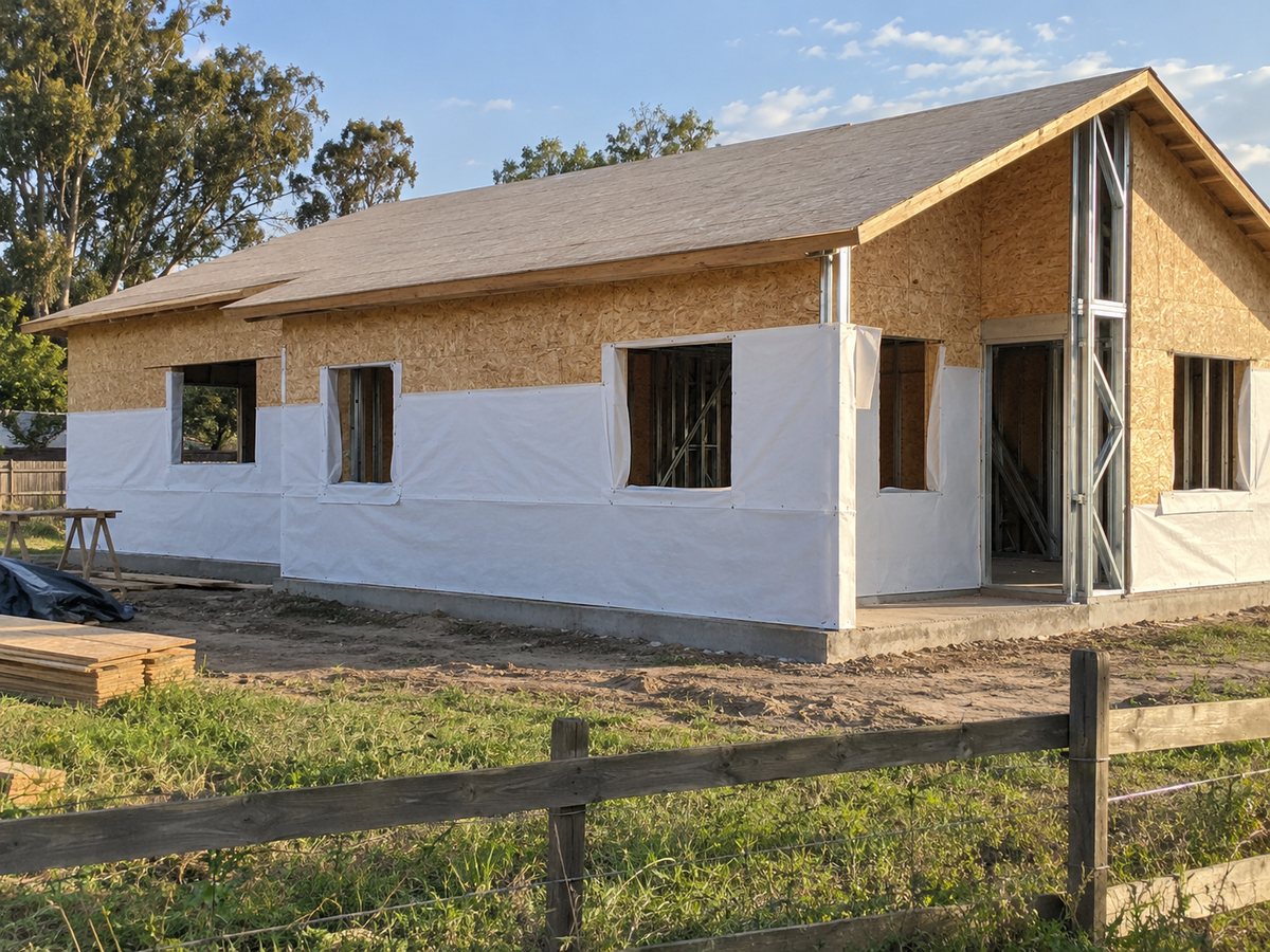 Casa de steel frame cerrada con placas de OSB y una membrana blanca colocada en franjas horizontales desde abajo