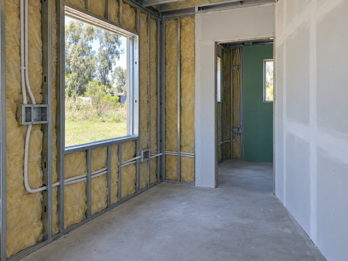 Interior de steel frame con lana de vidrio entre perfiles, caño corrugado blanco y placas de yeso, con una placa verde en el baño